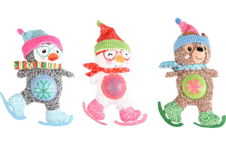 Peluche natalizi con pattini: pinguino, gufo e orsetto
