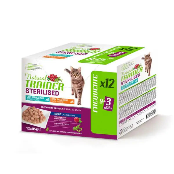 Natural Trainer Sterilised multipack 12 x 85 g con merluzzo e tacchino