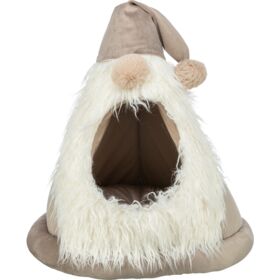 Cuccia natalizia a forma di gnomo beige con barba bianca e ingresso frontale