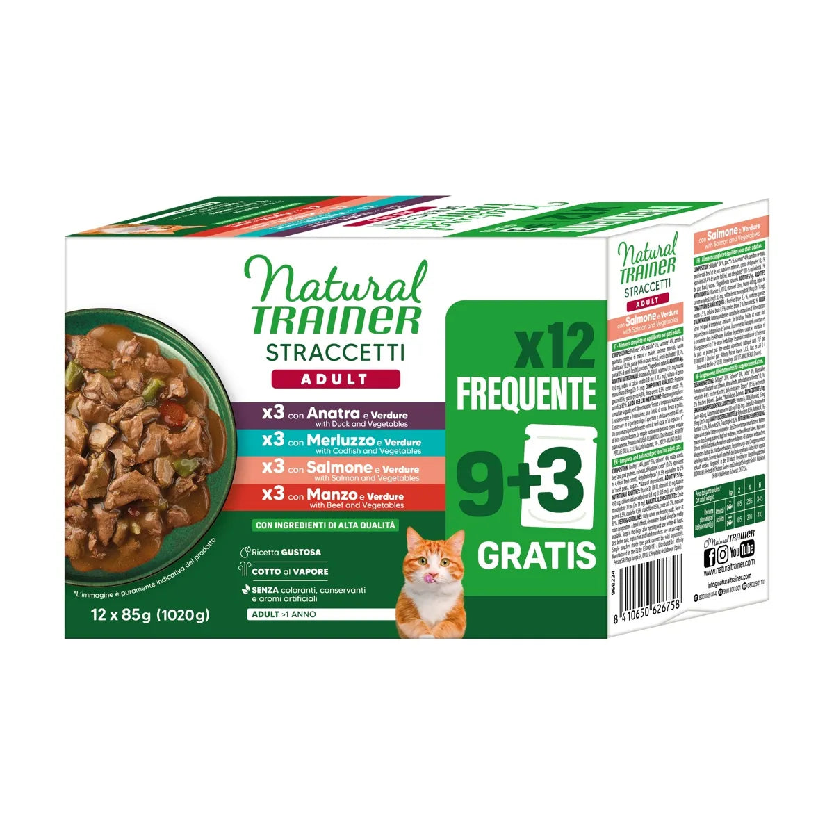 Natural Trainer Straccetti Adult 12 x 85 g con anatra, merluzzo, salmone e manzo e verdure